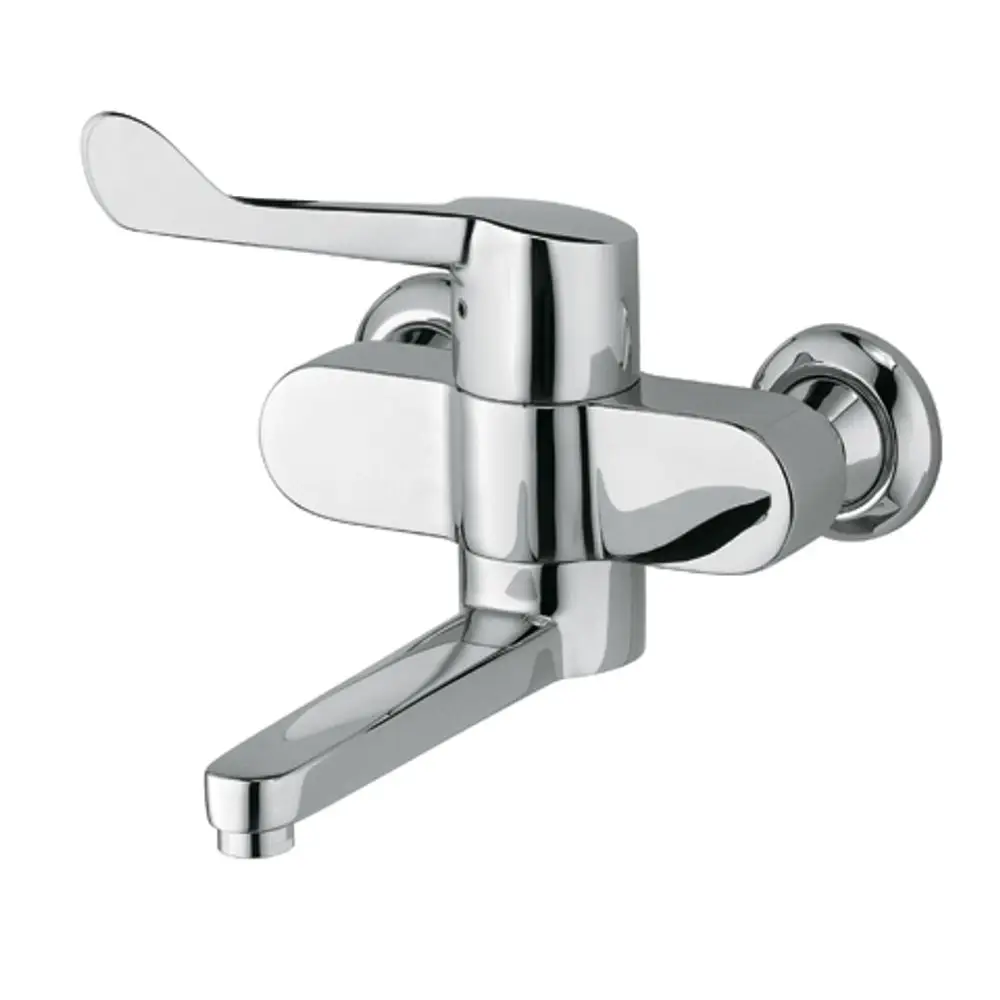Wandarmatur mit einem Hebel zum Einstellen der Wassertemperatur, aus glänzendem Chrom, geeignet für den Einsatz in klinischen Einrichtungen, Marke Kludi.